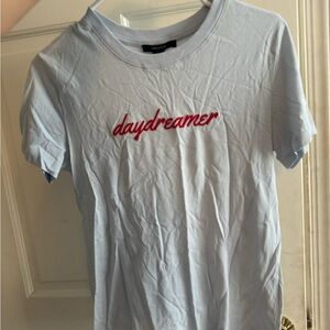 T shirt light blue red writing
